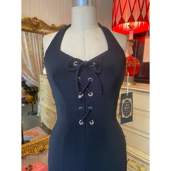 vintage 1990s halter neck black bandage dress lace up karen lucas hourglass body - Picture 3 of 10